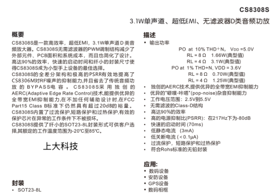 CS8308S  差分输入、3.1W单声道、低EMI、无滤波的D类音频功放