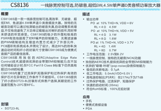 CS8136：一线脉宽控制可选,防破音,超低EMI,4.5W单声道D类音频功率放大器